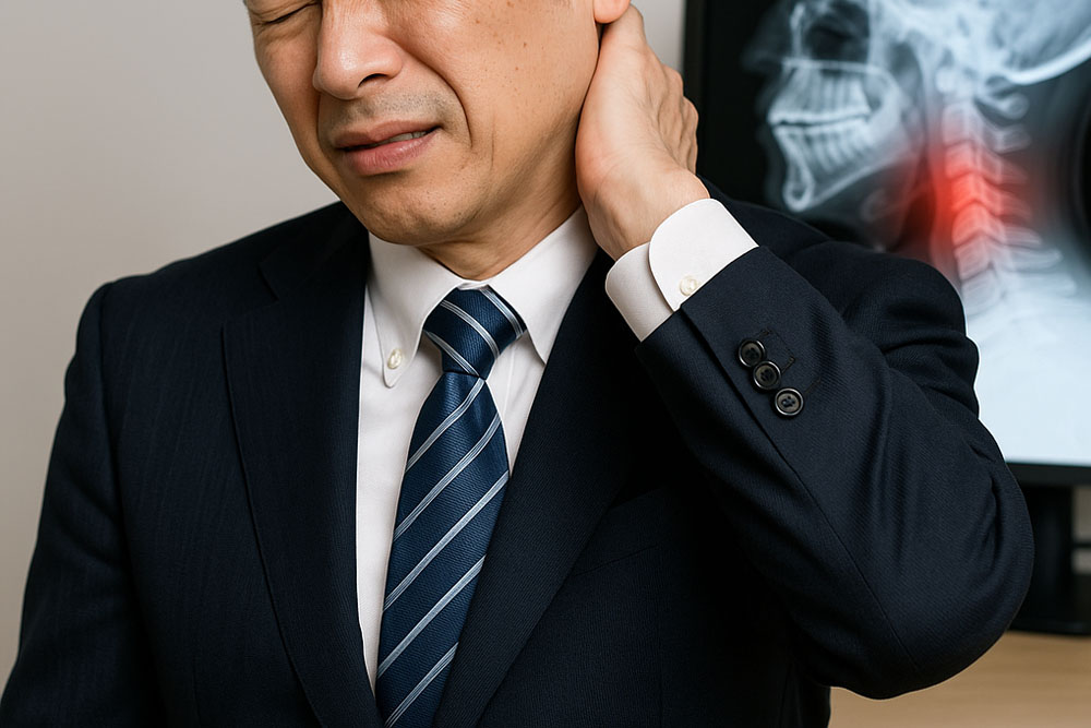 苦痛の顔で首を抑える男性